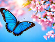 Blue morpho butterfly on blossoming sakura flower at sunrise on spring
