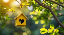 Yellow Bird House With The Heart Shapped Entrance On Blurred Spring Outdoor Background With Copy Space.