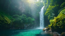 Waterfall In The Forest, Majestic Waterfall Cascading Down Rugged Cliffs Into A Tranquil Pool Of Turquoise Water Surrounded By Lush Vegetation