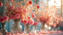 Beautiful Coral Pink Flowers Arranged In A Clear Glass Vase, Creating A Serene And Romantic Atmosphere.