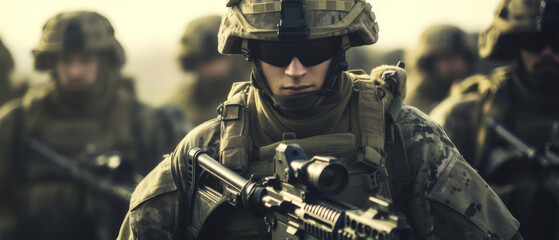 Canvas Print - A group of soldiers with weapons on a mission. Close-up of one of the soldiers from the group