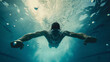 swimmer in mid-stroke in an Olympic-sized pool, bubbles trailing, the play of light through the water creating a serene yet dynamic scene, focusing on the elegance and power of the swimmer