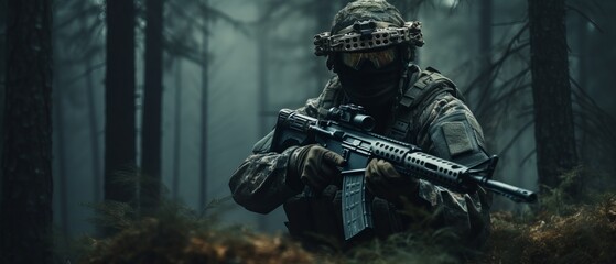 Wall Mural - A close-up portrait of a soldier with a weapon