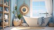 Scenes of a bathroom with a nautical theme, featuring coastal decor, blue tones, and beach-inspired accessories.