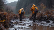 Amidst the winter forest, a group of hikers braves the muddy path, standing tall in their protective clothing as they trek towards the rushing river and towering mountains ahead