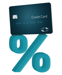 Poster - A generic, mock credit card is seen on top of a 3-d percentage symbol in a 3-d illustraton about interest rates charged to credit card users.