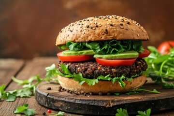 Wall Mural - Savor the Flavor: A Plant-Based Black Bean Burger Topped with Creamy Avocado and Fresh Cilantro, Presented on a Rustic Wood Background.	
