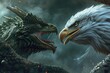 Step into the World of Fantasy with a Face-to-Face Roaring Battle Between a Dragon and Eagle, Where Majestic Wings and Fierce Roars Echo in a Mythical Clash.