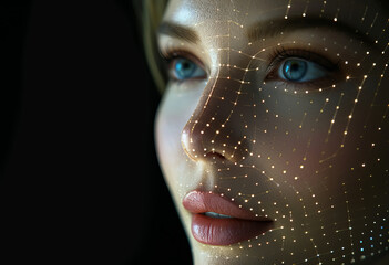 Wall Mural - portrait of a futuristic android woman with advanced technology data overlay