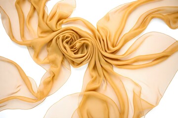 Flying gold silk chiffon fabric on a white background. Weightless silk fabric.