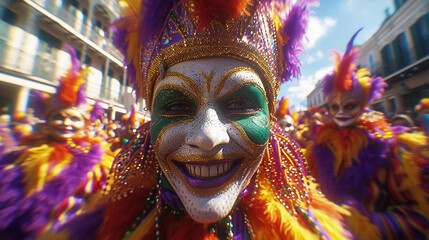 male having fun at Mardi Gras style festival  - sunglasses - beads - costume