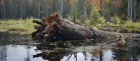 Wall Mural - Tree Taken Down by Beavers: A Remarkable Sight of Tree Destruction as Beavers Team Up to Bring Down a Mighty Tree