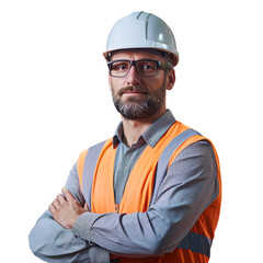 Wall Mural - Portrait of a construction worker. Male builder in a helmet. Warehouse worker in uniform on the blurred background. Created using AI generation