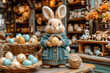 Stuffed Rabbit In A Blue Sweater Holding An Easter Egg Surrounded By Baskets Of Eggs