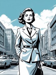 Retro illustration drawing of a corporate woman on the street with the sky