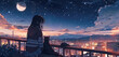 cute girl anime with a cat in balcony,city and stary night sky
