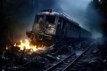The Old Locomotive Train Burned On Rail Track. Concept Technogenic Disaster. Train Derailed Exploding With Fire And Smoke. Collision Between Trains. Train Accident.