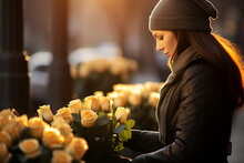 Attractive Young Woman With Bouquet Of Yellow Roses In The City