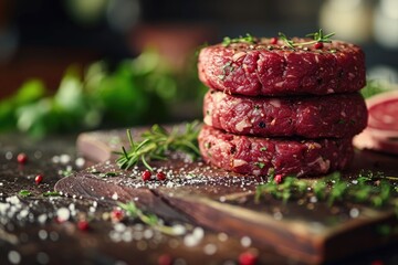 Wall Mural - Hamburgers of Maximum Quality, Seasoned with Beef, Rosemary, Salt, Pepper, and Garlic - Ready to Hit the Grill, Served with Fresh Tomatoes on the Table