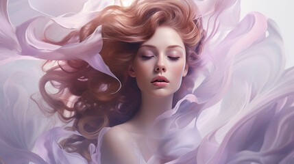 Wall Mural - Beautiful young woman with curly rose gold hair. Portrait of a beautiful girl with flying hair