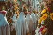 Christian procession during Holy Week, Penitents and Nazarenes celebrating Easter, flowers and white tunics to celebrate faith in a small town