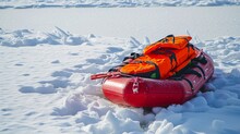 Inflatable Red Rescue Team Zodiac Boat On Ice