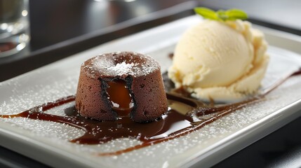 Wall Mural - A hot chocolate lava cake along with a scoop of ice cream served in a luxury restaurant. Dessert served on an elegant rectangular plate contrasting between hot and cold.