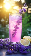 Wall Mural - A lemon cocktail with a floral touch of lavender in a combination of the drink's distinct flavor. Lemon and alcohol cocktail in a visual and gustatory celebration setting.