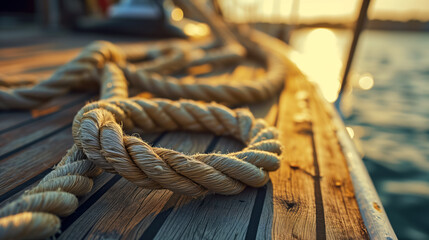 Sunset Glow on Nautical Rope on Wooden Dock