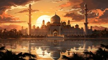 Detailed Illustration Of An Ornate Desert Palace With Minarets Against A Sunset, Surrounded By An Oasis