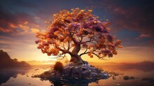 Surreal Digital Art Piece Of A Blooming Tree With Vivid Flowers And Golden Sunset, Set In An Otherworldly Landscape