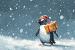 illustration of a penguin carrying a gift box in winter