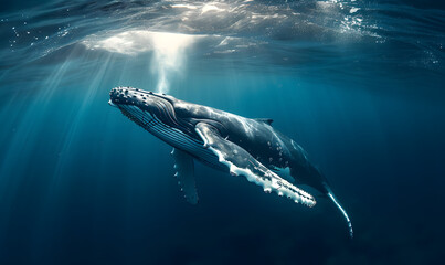 Wall Mural - humpback whale swims under the surface of the water, Generative AI