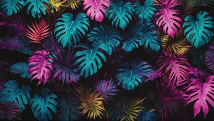  Tropical leaves in a neon glow of pink, blue, yellow, green, lying on a dark surface, 3D rendered to highlight aesthetic beauty
