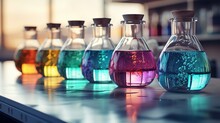 Glass Lab Flasks With Colorful Chemical Reactions, On A Reflective Surface
