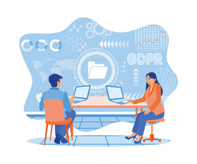 Wall Mural - a man and woman are sitting and using a laptop with the gdpr concept symbol. the general data protec