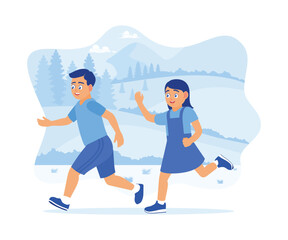 Boys and girls run around the field. Playing around during school holidays. Childrens concept. flat vector modern illustration 