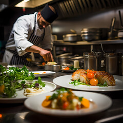 Wall Mural - A chef in a restaurant kitchen preparing a gourmet meal