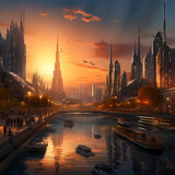 Fototapeta Londyn - A futuristic cityscape at sunset. 