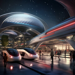 Wall Mural - A futuristic train station with high-speed trains. 