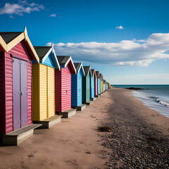 Poster - A row of colorful beach huts along the shore.