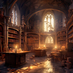 Canvas Print - Ancient library with dusty books and hidden scrolls