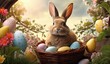Rabbit in basket with colorful Easter eggs