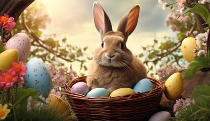 Wall Mural - Rabbit in basket with colorful Easter eggs