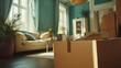 © pinkrabbit - Moving house, relocation. New house, inside the room was a cardboard box containing personal belongings and furniture. move in the apartment or condominium. Generate by AI