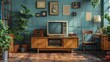 Generative AI : Retro living room design with old television, cabinet and radio along with work area with typewriter