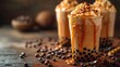 Generative AI : Tapioca boba balls coffee frappe, asian trendy cold coffee drink with tapioca balls and whipped coconut cream