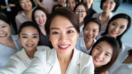 Canvas Print - Generative AI : Diversity, portrait selfie and business women teamwork, global success or group empowerment in office leadership. 