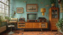 Generative AI : Retro Living Room Design With Old Television, Cabinet And Radio Along With Work Area With Typewriter