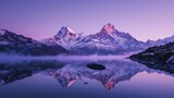 Fototapeta  - Generative AI : Mountain lake with perfect reflection at sunrise. Beautiful landscape with purple sky